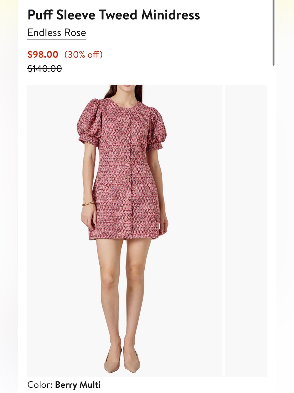 Endless Rose Berry Multi Puff-Sleeve Tweed Minidress